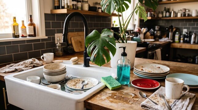 Dirty dishes piled in and around a kitchen sink. Depicting the aftermath of a meal, this image conveys everyday household chores and domestic life.