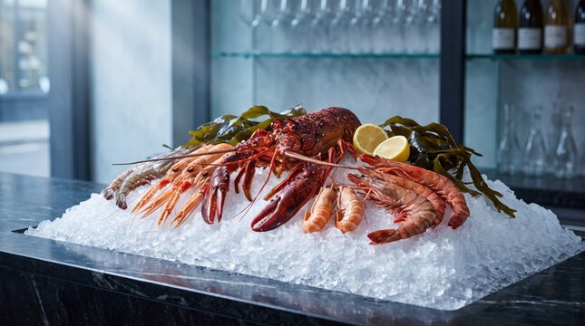 Fresh seafood platter with lobster, prawns, and langoustines on ice. Premium selection of shellfish for gourmet dining, luxury restaurants, and high-end culinary experiences.