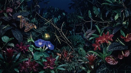 Fototapeta premium Nighttime jungle scene with glowing firefly, moth, hummingbird and exotic flowers