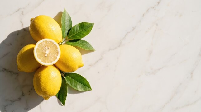Fresh lemons with green leaves on a white marble background. Vibrant citrus fruit for healthy eating, refreshing drinks, cooking, and natural wellness concepts.
