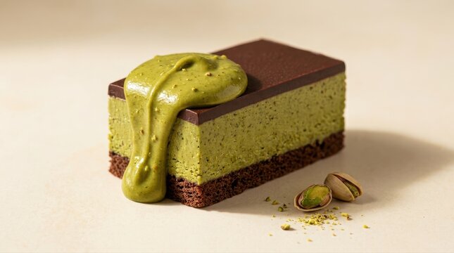 Pistachio chocolate mousse cake with creamy topping and nuts. Delicious gourmet dessert for bakery menus, sweet treats, and indulgent culinary experiences.