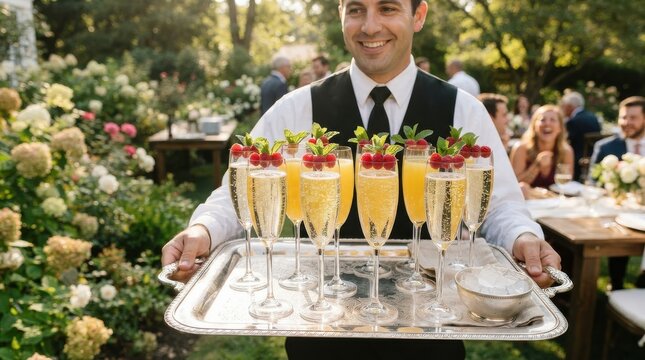 Waiter holding a tray of champagne flutes with raspberries and mint