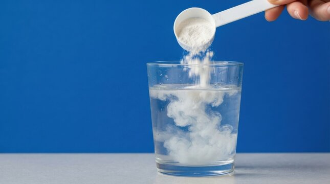 Adding white protein powder from a scoop into a glass of water