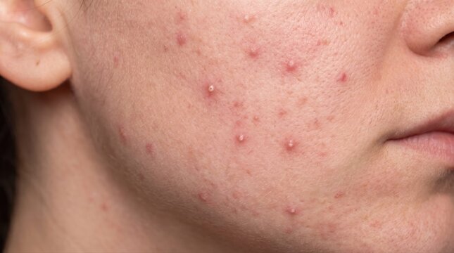 Close-up of a person's face with acne and pimples. Illustrates common skin conditions and dermatological concerns for health, beauty, and medical content.