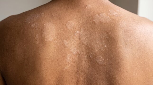 Close-up of a person's back with dry, flaky skin patches. Representing common skin conditions, dermatological issues, and the need for skincare or medical treatment.