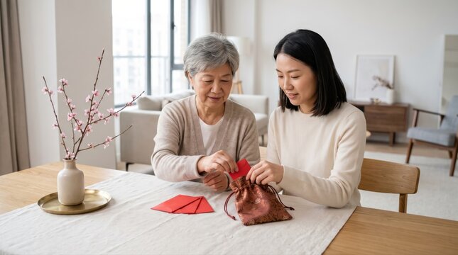 Asian mother and daughter preparing red envelopes for Lunar New Year. Celebrating traditional holidays and family togetherness, this image captures cultural heritage and generational bonds.