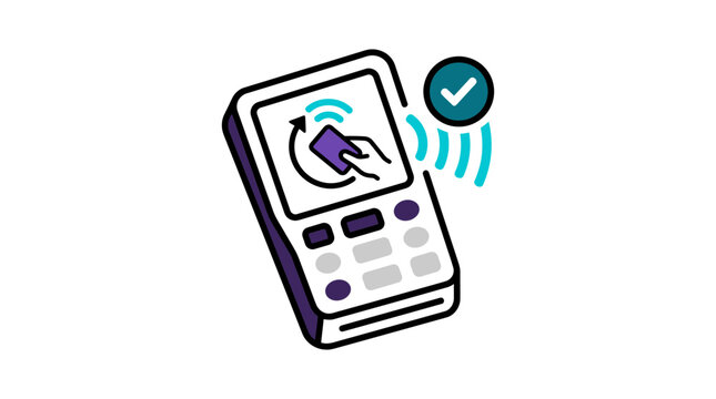 Wireless payment terminal showing successful transaction checkmark.