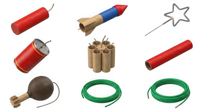 Collection of various fireworks, firecrackers, and fuses, isolated on transparent background