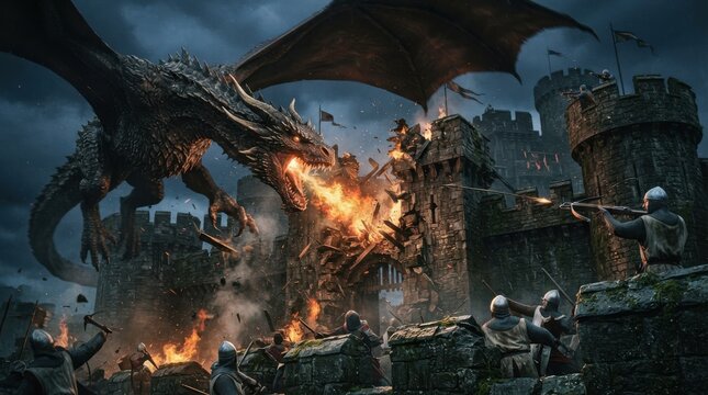 Dragon attacking medieval castle with fire and soldiers defending
