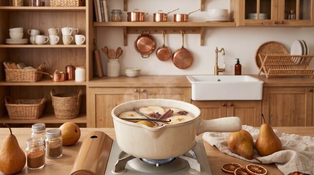 Simmer pot with pears, apples, and spices on a kitchen stove. Cozy home fragrance and natural air freshener for a warm, inviting, and seasonal atmosphere.