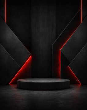 Futuristic dark concrete podium with glowing red neon lights background for product display