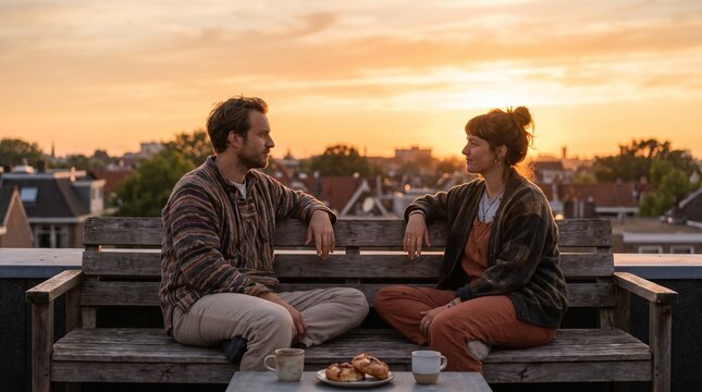 Couple enjoys sunset conversation on rooftop with cityscape view and coffee