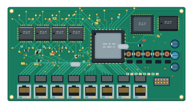 Eight port network switch circuit board with RJ45 jacks and switch chip