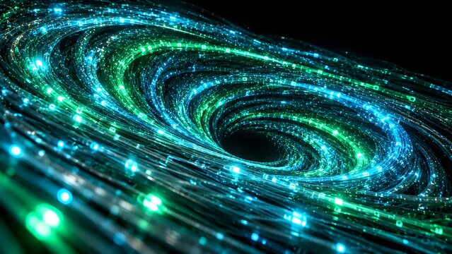 Swirling vortex of glowing particles and light trails creates a dynamic digital scene