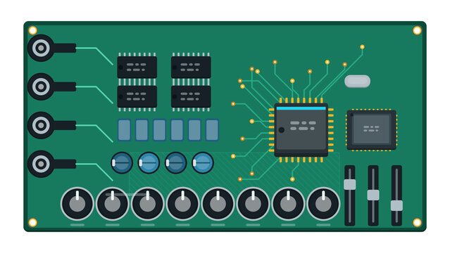 Audio mixer circuit board with jacks, potentiometers and operational amplifiers