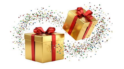 Obraz premium Two golden gift boxes with red ribbons and bows surrounded by colorful falling confetti isolated on transparent background