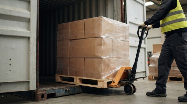 Warehouse worker pulling pallet truck with stacked cardboard boxes inside container