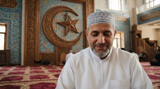 Middle-eastern man praying inside a mosque