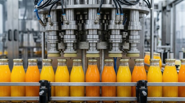 Orange juice bottles on conveyor belt in bottling plant factory