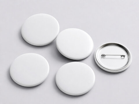 Collection of blank white round pin badges with metal backs arranged as clean product mockups, featuring copy space for custom logo, text or artwork.