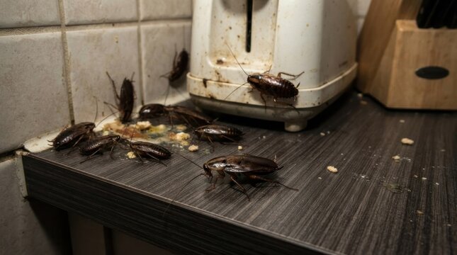 Infestation of cockroaches on a kitchen counter near a toaster