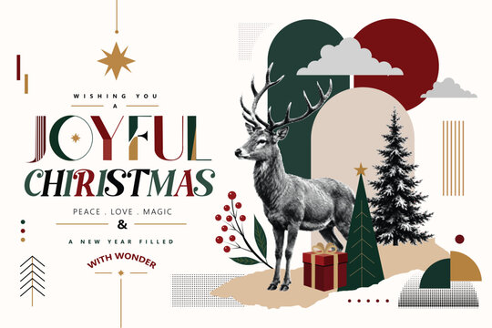Halftone Reindeer with Christmas Tree and Gift Box Illustration for Joyful Christmas Peace Love Magic Typography. Elegant Holiday Greeting Card in Retro Style with Pine Berries