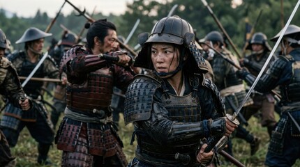 Fototapeta premium Samurai warriors in armor fighting in a battle