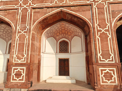 Sandstone arch and lattice window at Humayun Tomb Delhi