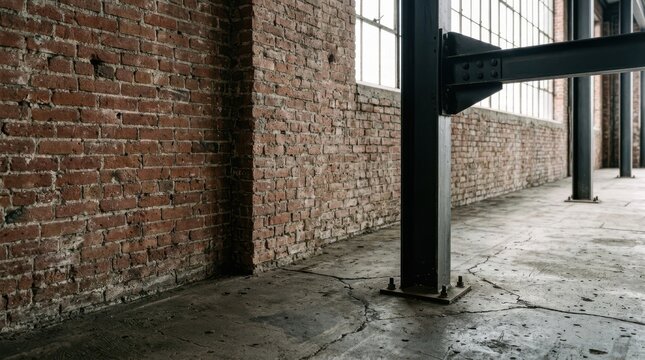 Industrial warehouse interior with red brick wall and steel beam