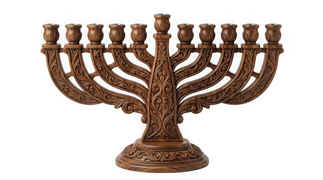 Ornate carved wooden hanukkah menorah with detailed floral patterns and nine candle holders isolated on transparent background