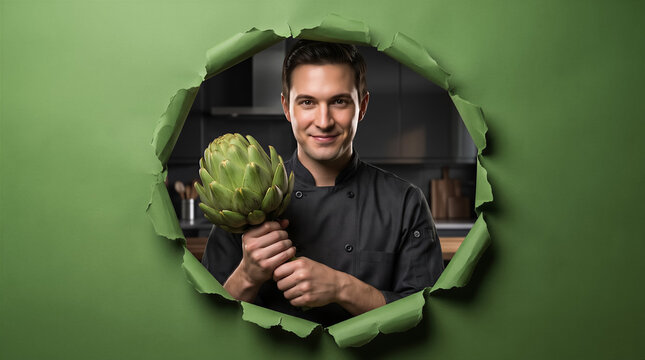 Chef holding fresh artichoke through torn green paper background, looking at camera in kitchen setting. Culinary arts, food industry, organic cooking.