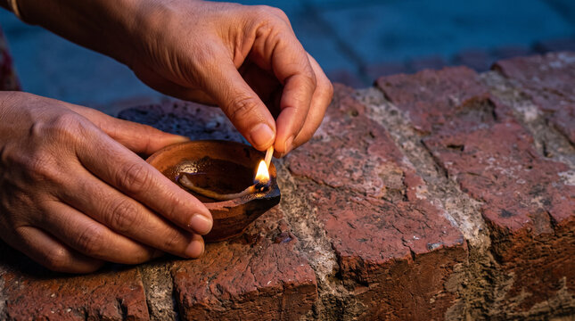 Hands using brass match safe to ignite soaked cotton diya wick