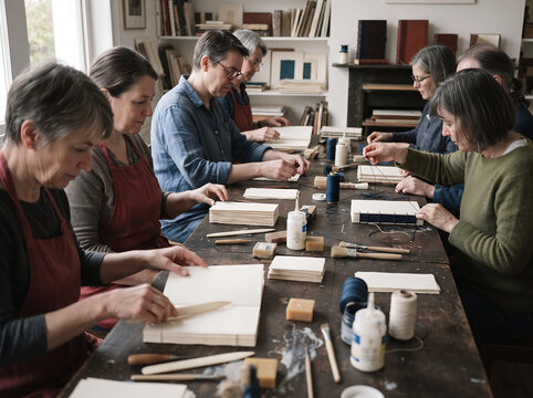 Group of adults practicing traditional bookbinding around a workshop table, highlighting handmade craft, paper skills, collaboration, and creative learning.