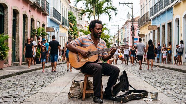 Street musician playing acoustic guitar on a cobblestone colonial street