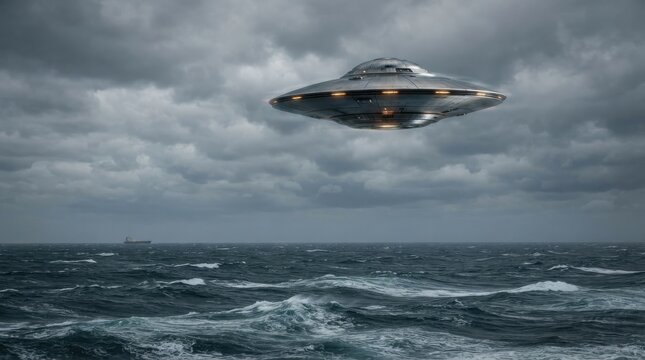 Metallic UFO hovering over stormy ocean with rough waves and dark clouds