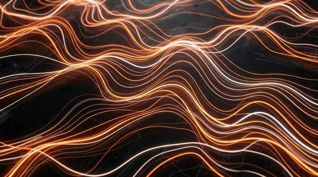 Glowing orange and white wavy light trails on a dark abstract background