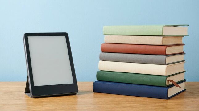 E-reader device beside a vertical stack of colorful books on a wooden surface