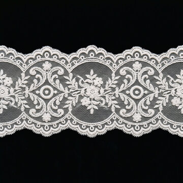 White vintage floral lace trim with ornate pattern on a black background lace border wedding decor fabric design cluny lace sewing craft fabric texture