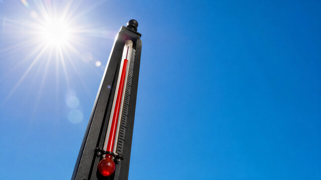Outdoor thermometer photo showing extreme high temperature under a scorching sun against a clear blue sky