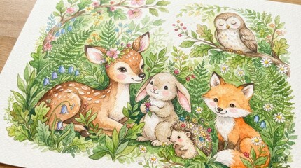 Fototapeta premium Watercolor painting of cute forest animals in a lush green woodland scene