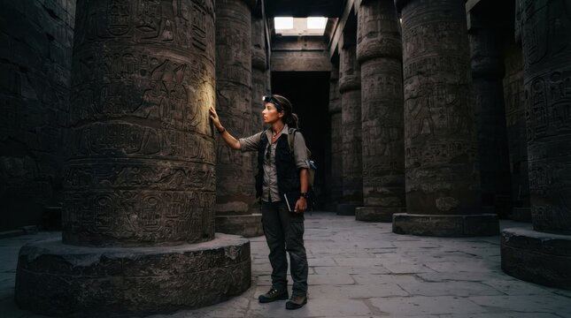 Archaeologist exploring ancient temple ruins with hieroglyphs