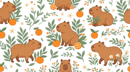 Obraz premium Cute Capybara Character Seamless Pattern with Oranges and Flowers