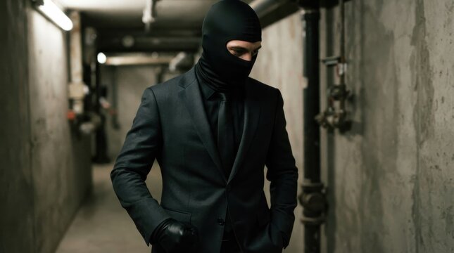Man in a black suit and balaclava standing in a concrete hallway
