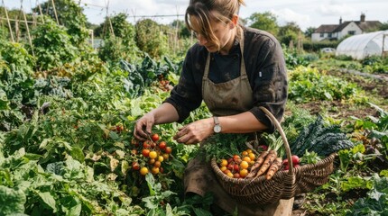 Fototapeta premium Woman harvesting fresh vegetables in a community garden