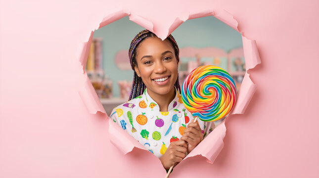 Smiling woman holding large colorful rainbow lollipop through heart shaped hole in pink paper, joyful expression. Confectionery, sweet treats, celebration, happiness.