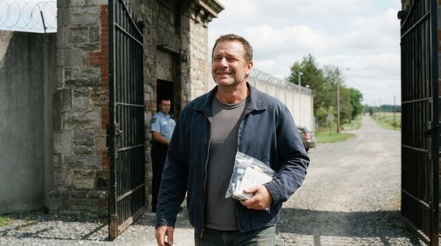 Man released from prison walking through open gates holding personal belongings