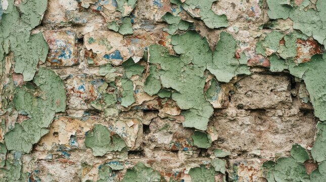 Old weathered brick wall with peeling green paint and exposed masonry