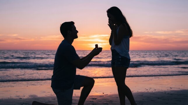 Man proposing to woman on the beach at sunset