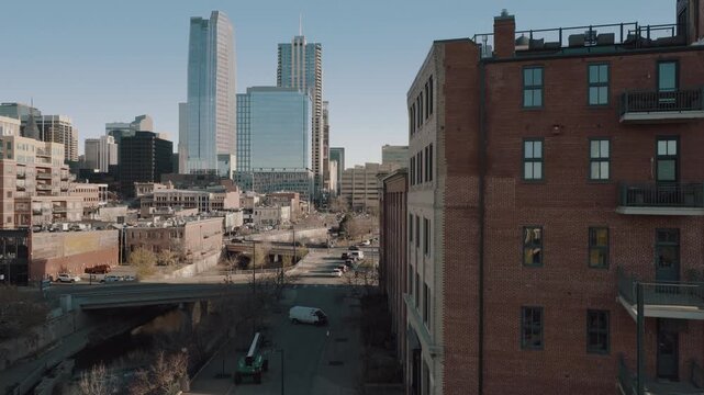 Denver skyline sunny going up drone video Denver CO 4K