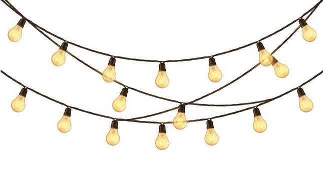 String of warm glowing vintage edison light bulbs hanging on a wire isolated on transparent background